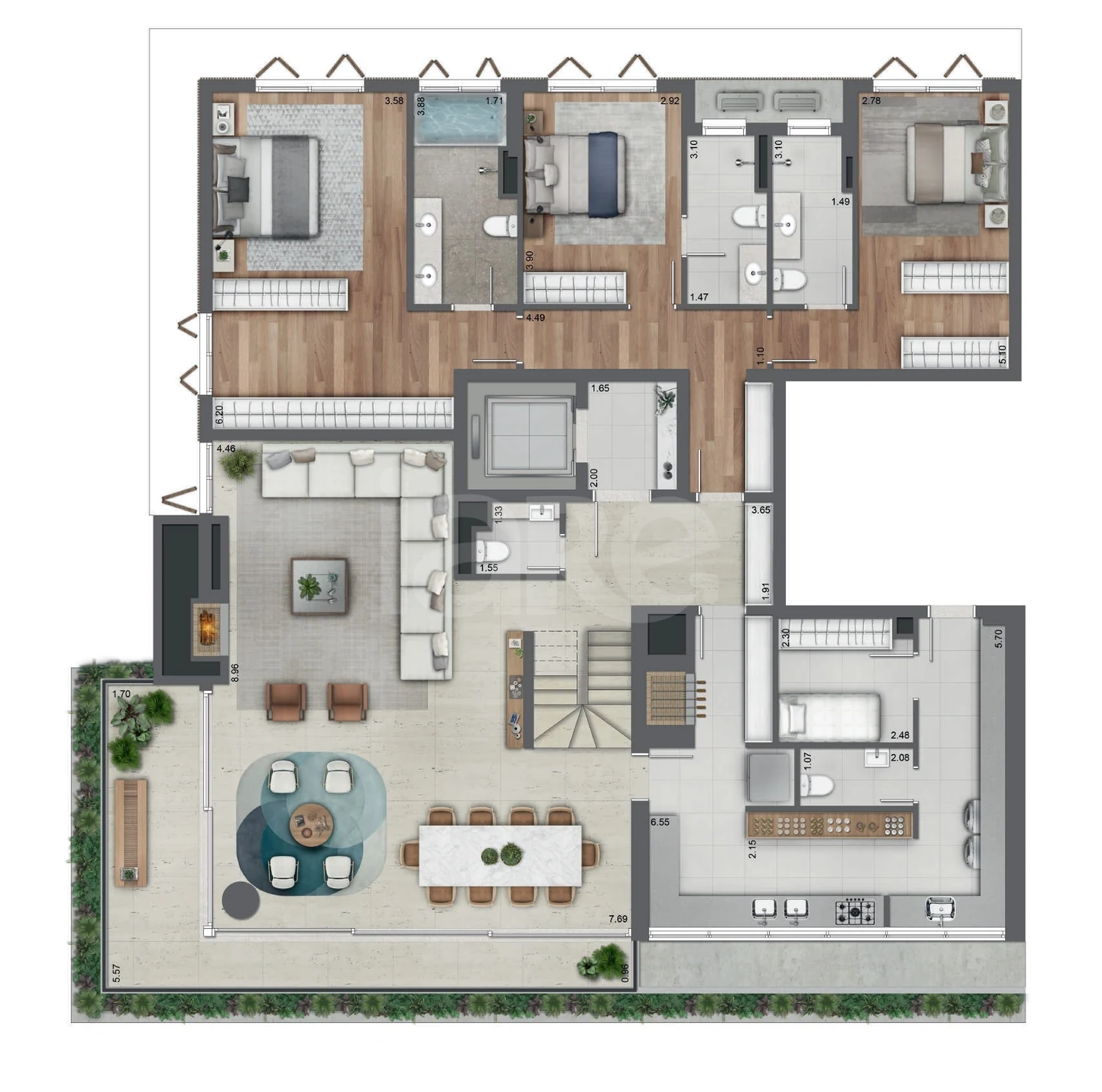 Planta — Cobertura Duplex 464,28 m² · 1º pavimento