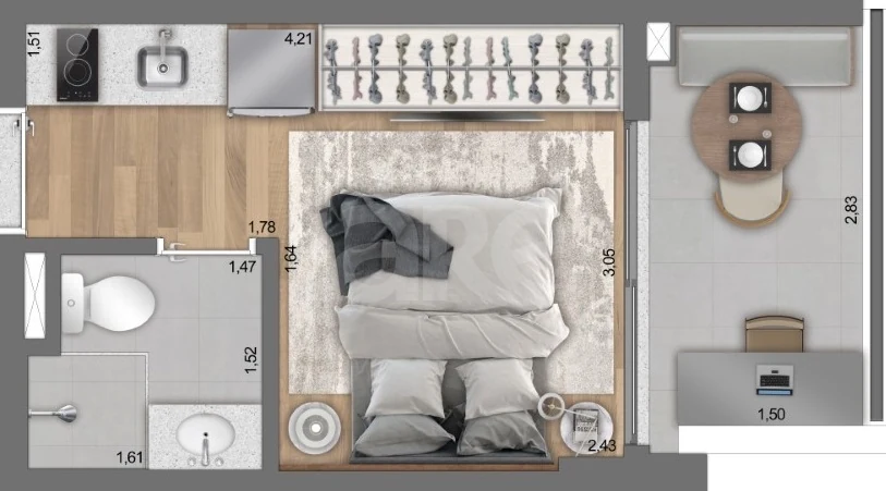 Planta — Studio 21,4 m²