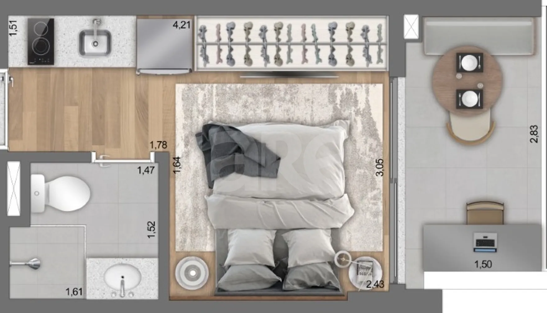 Planta — Studio 21,4 m²