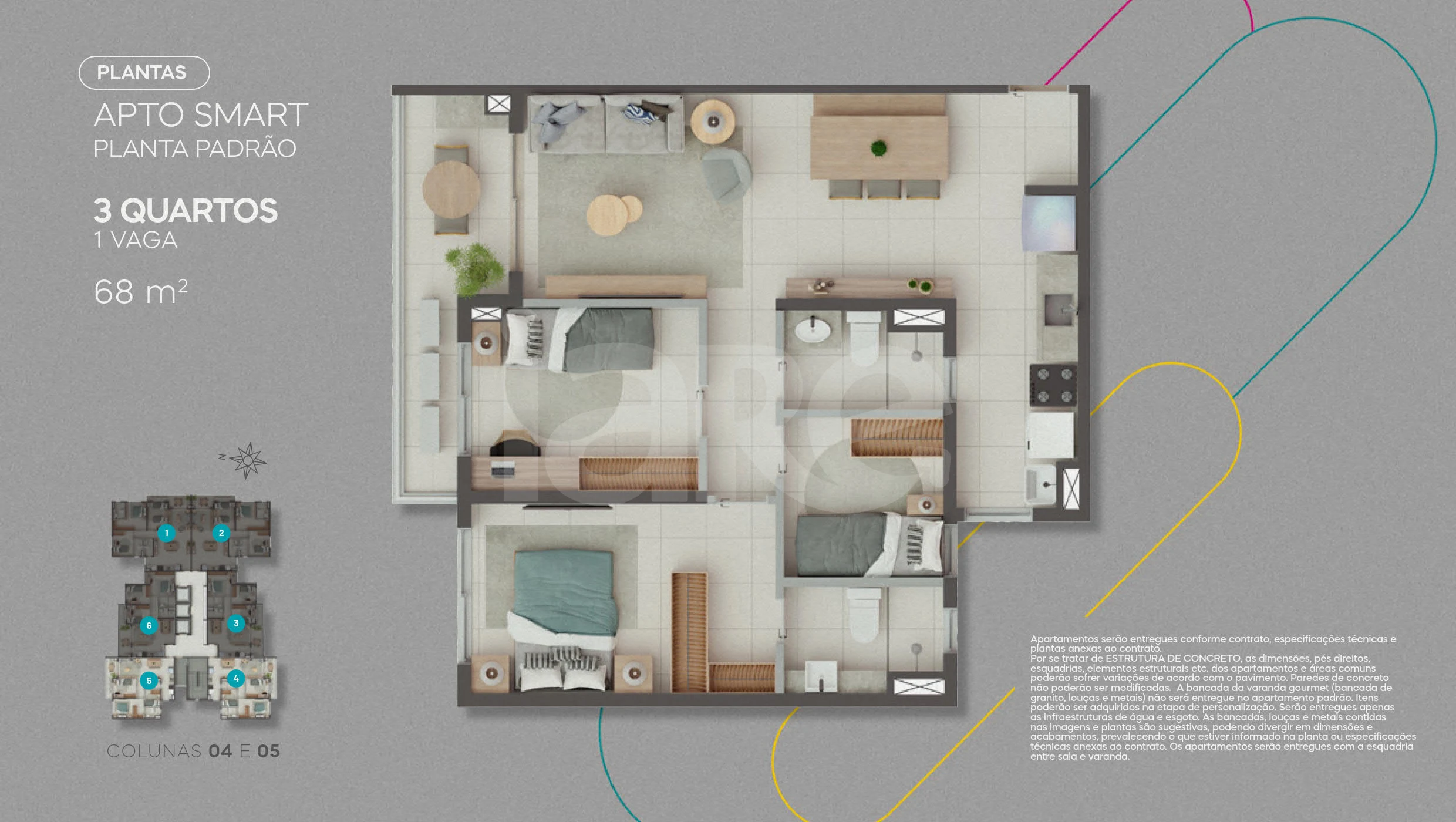 Planta — Apto Smart 68,06 m² (Cols. 4 e 5)
