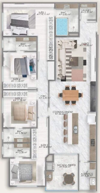 Planta — Apartamento 166 m² · 1º pavimento