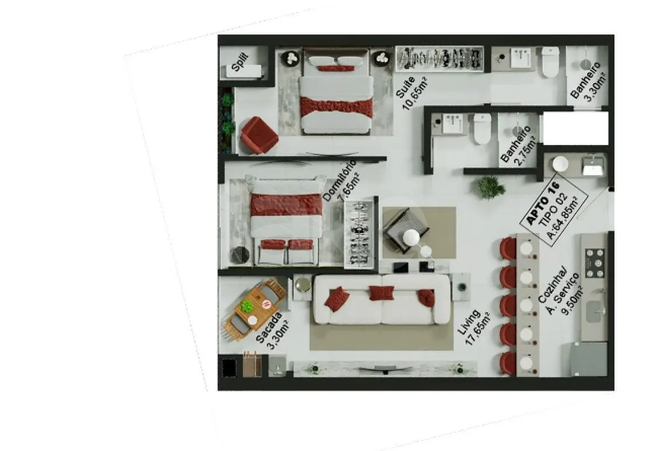 Planta — Apartamento 64,88 m²