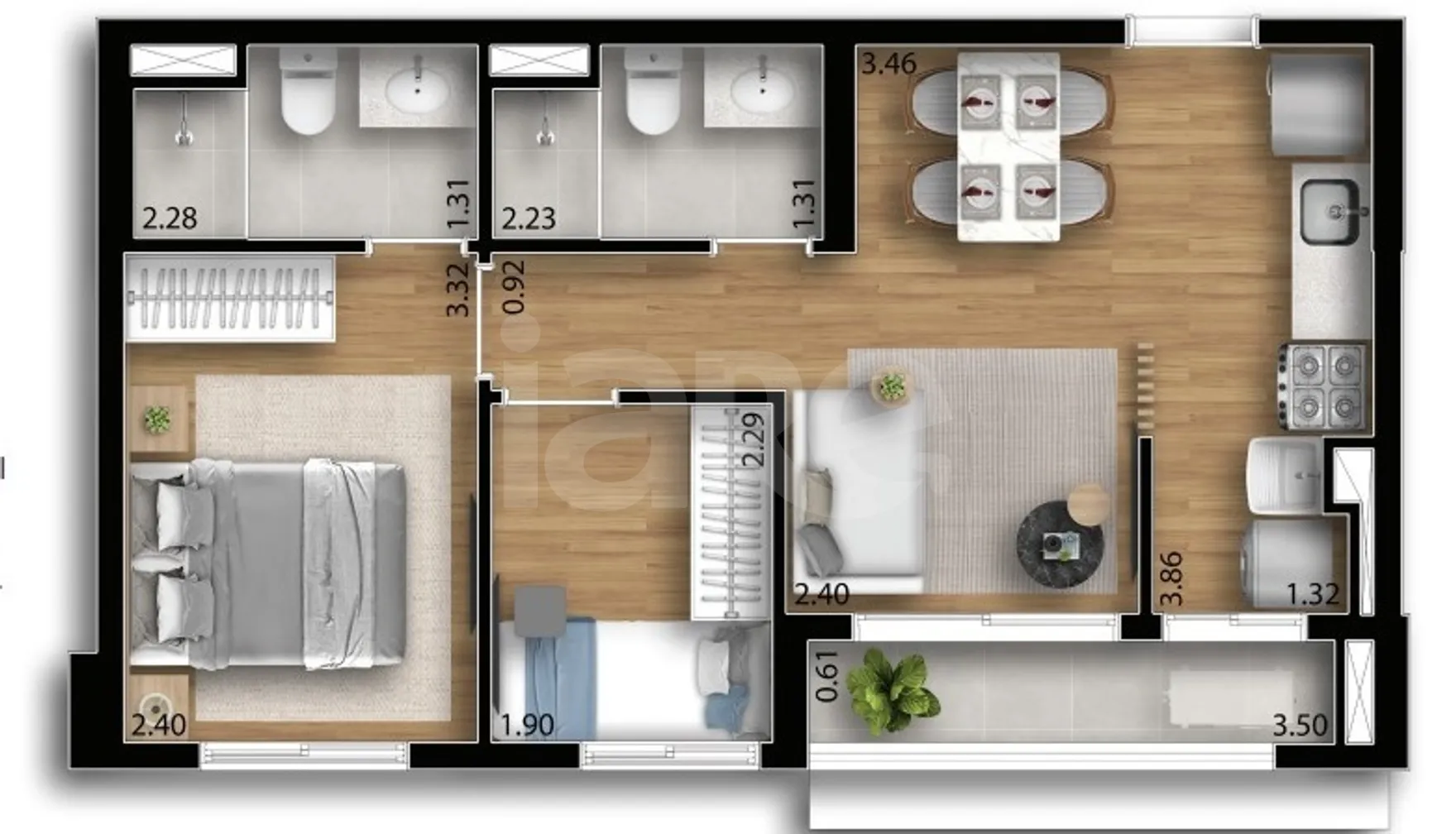 Planta — Apartamento 44,58 m²