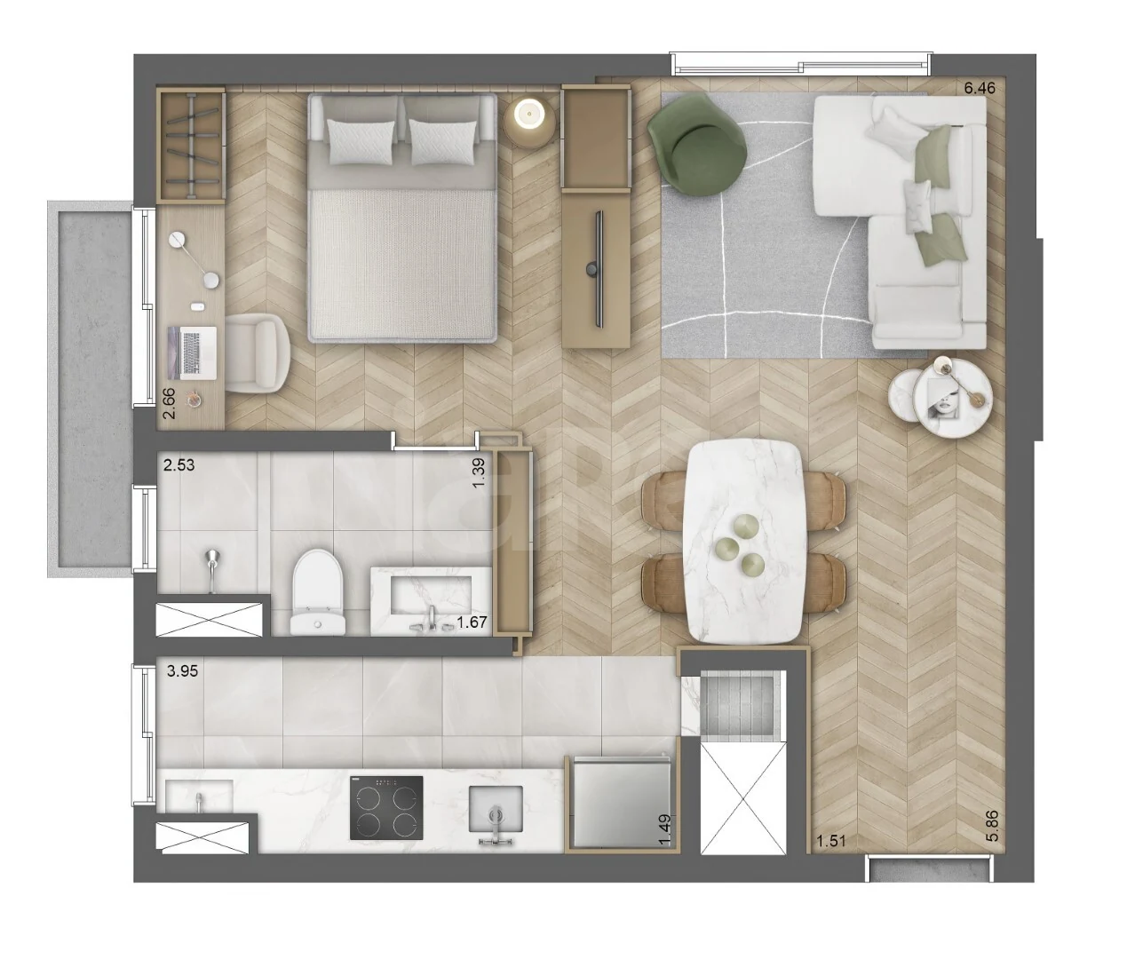 Planta — Studio 43,91 m²