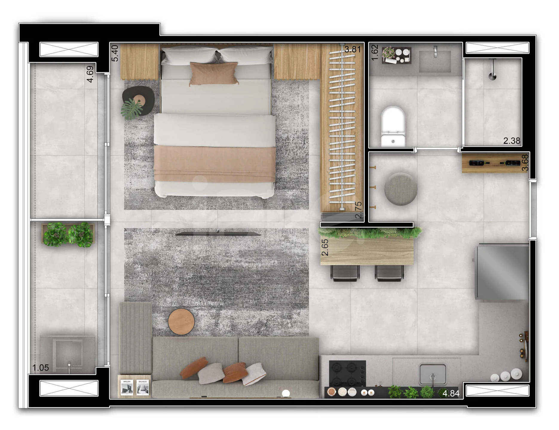 Planta — Planta 02 - 1 dorm 42m² - studio