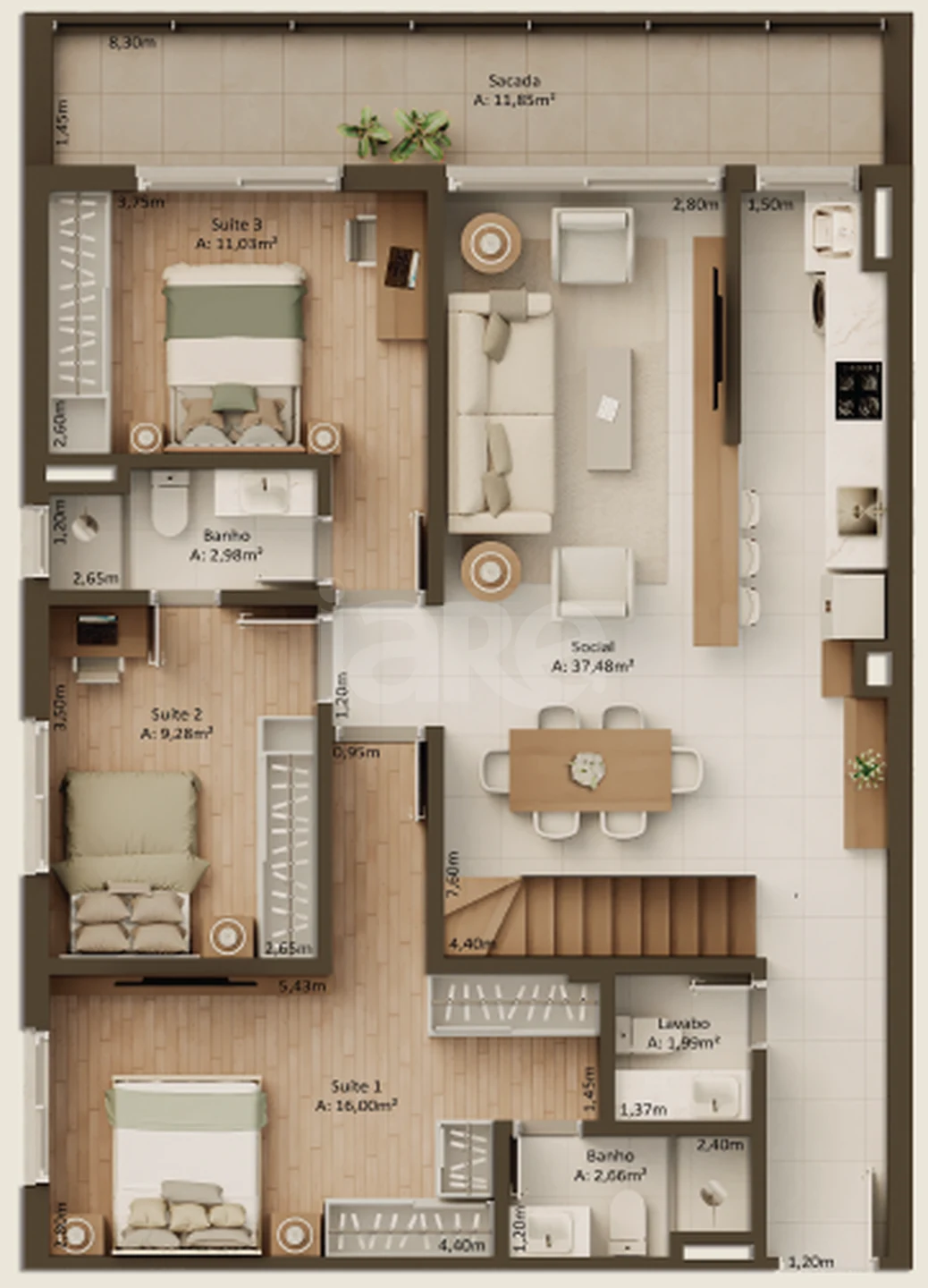 Planta — Cobertura Duplex 202,96 m² · 1º pavimento