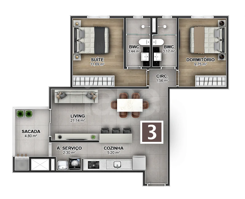 Planta — Apartamento 73,34 m²