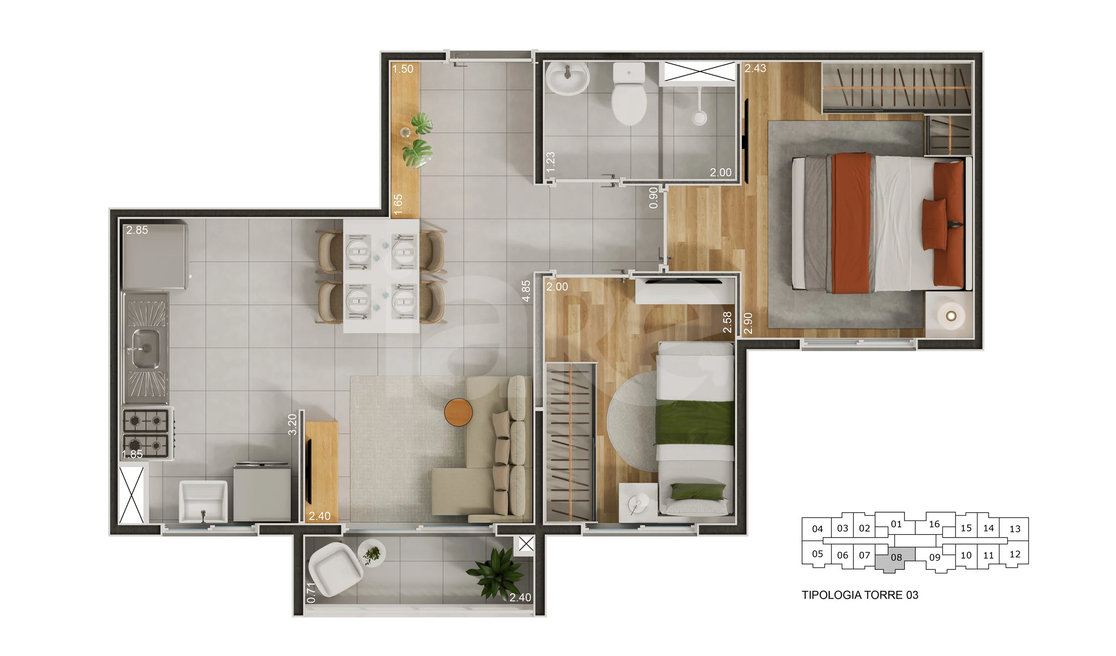 Planta — 39,39m² - 2 dorm com terraço