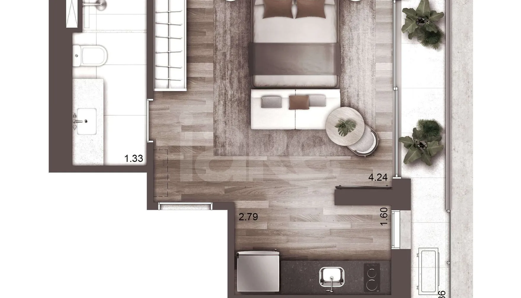 Planta — Studio 36,72 m²