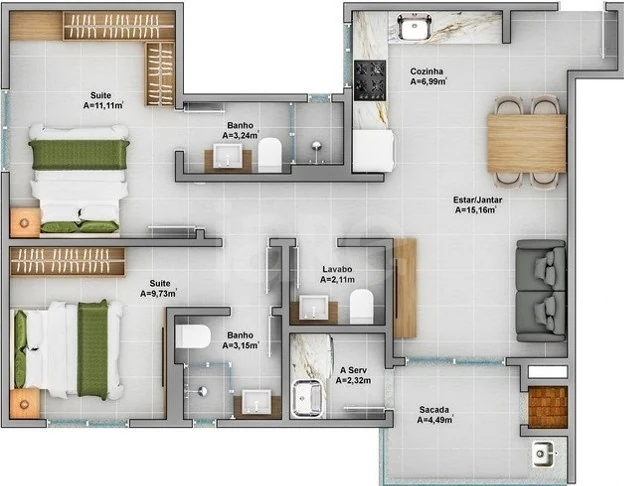 Planta — Apartamento 68,57 m²
