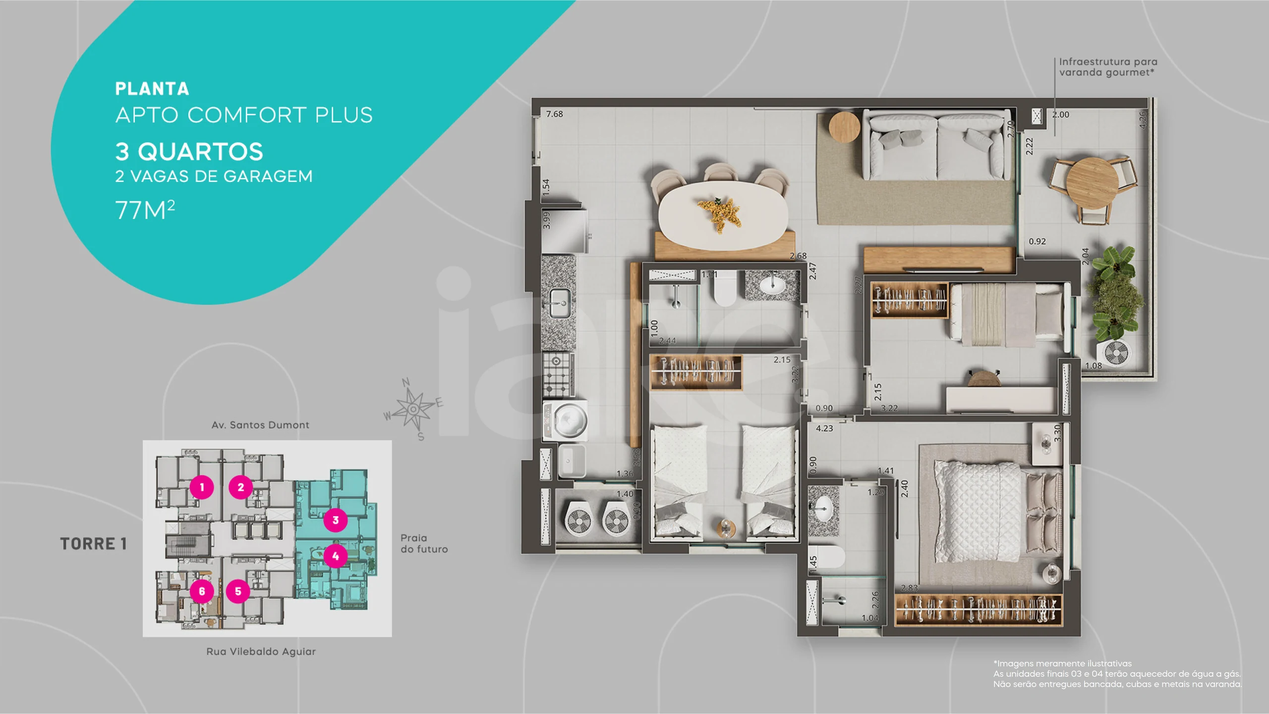 Planta — Apartamento 77 m² (Cols. 3 e 4)