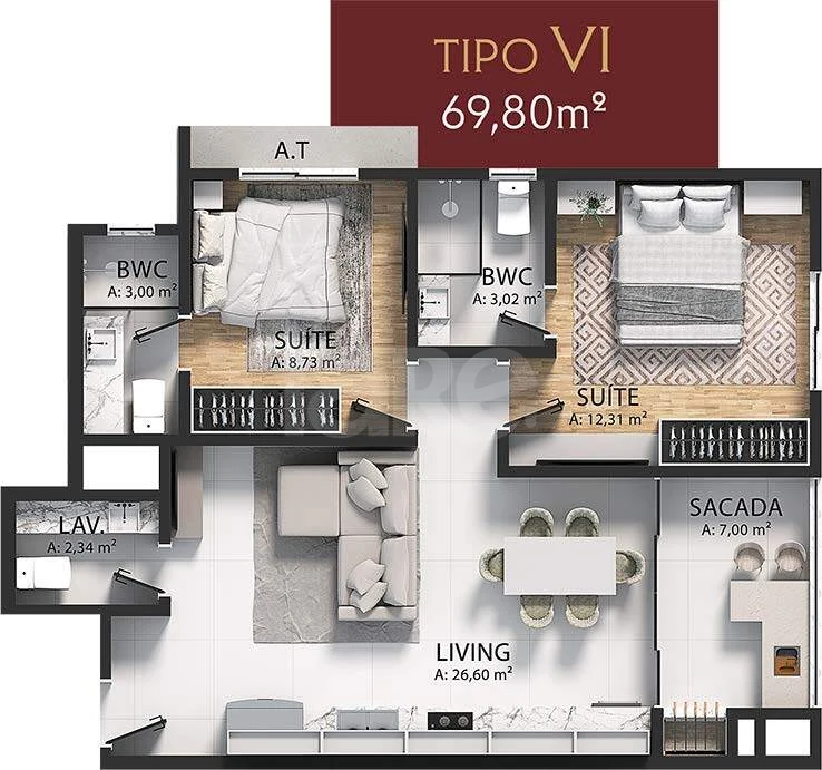 Planta — Apartamento 69,8 m²