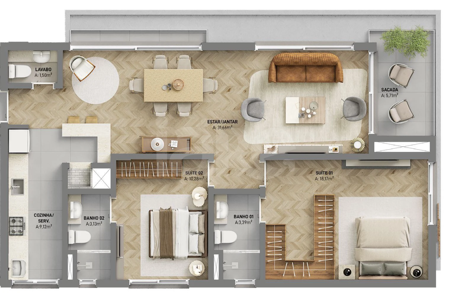 Planta — Apartamento 102,73 m²