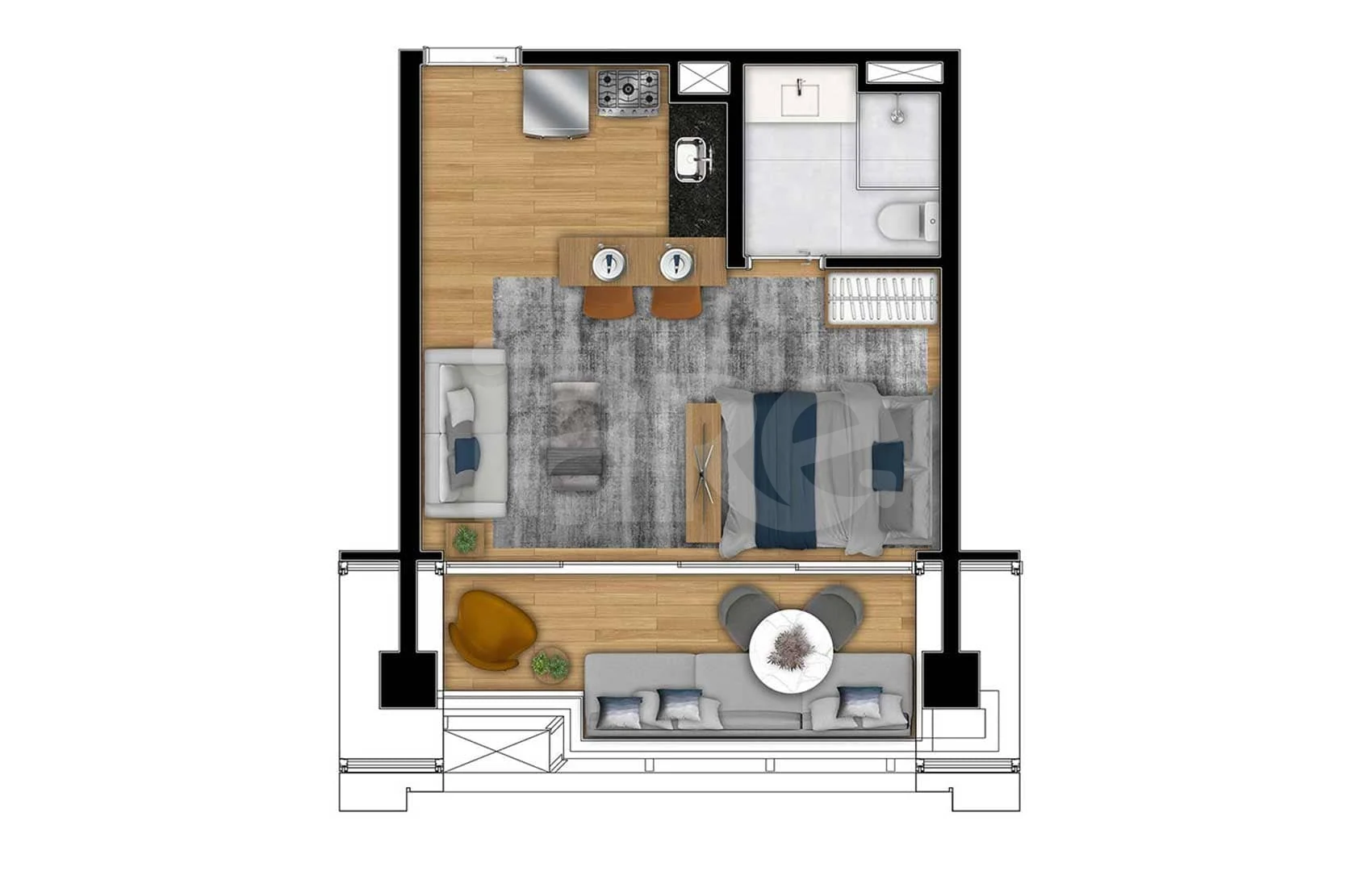 Planta — Studio 34,29 m²