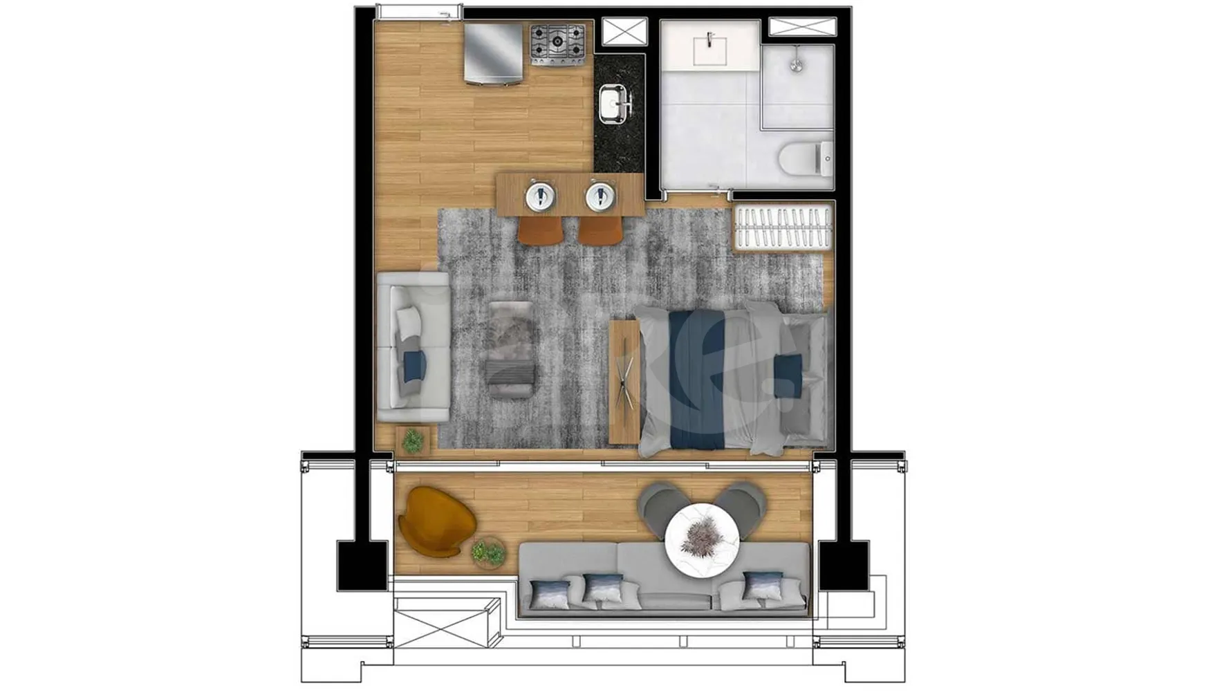 Planta — Studio 34,29 m²