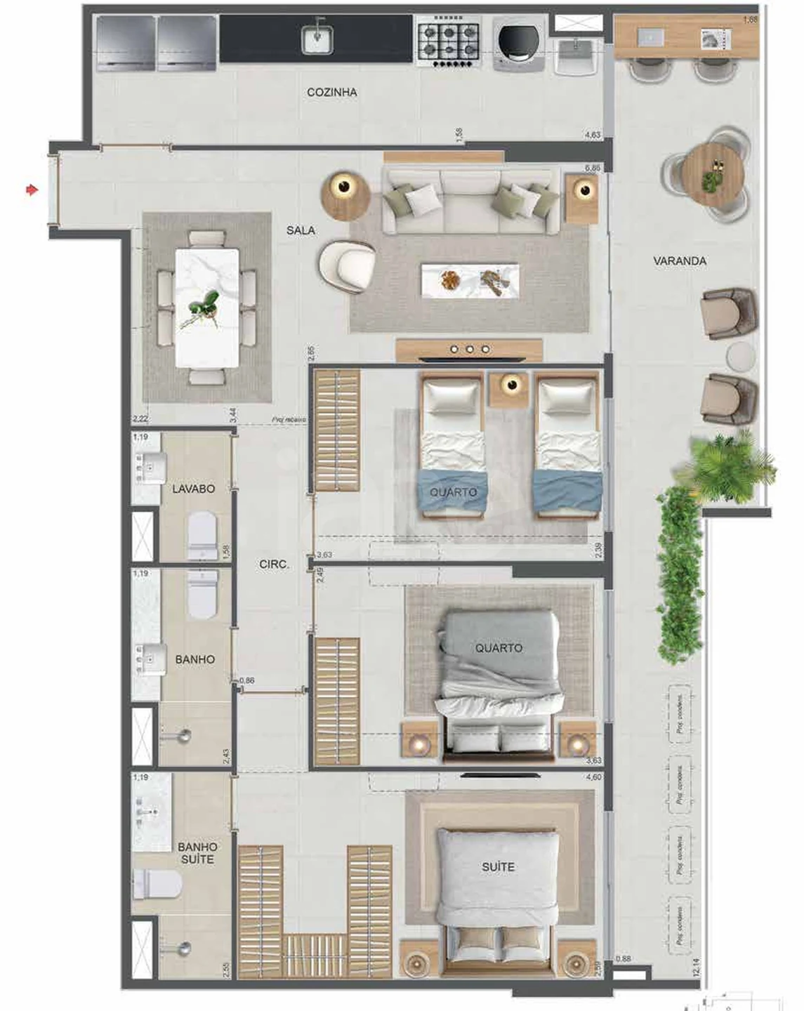 Planta — Apartamento 98,6 m² · 1º pavimento