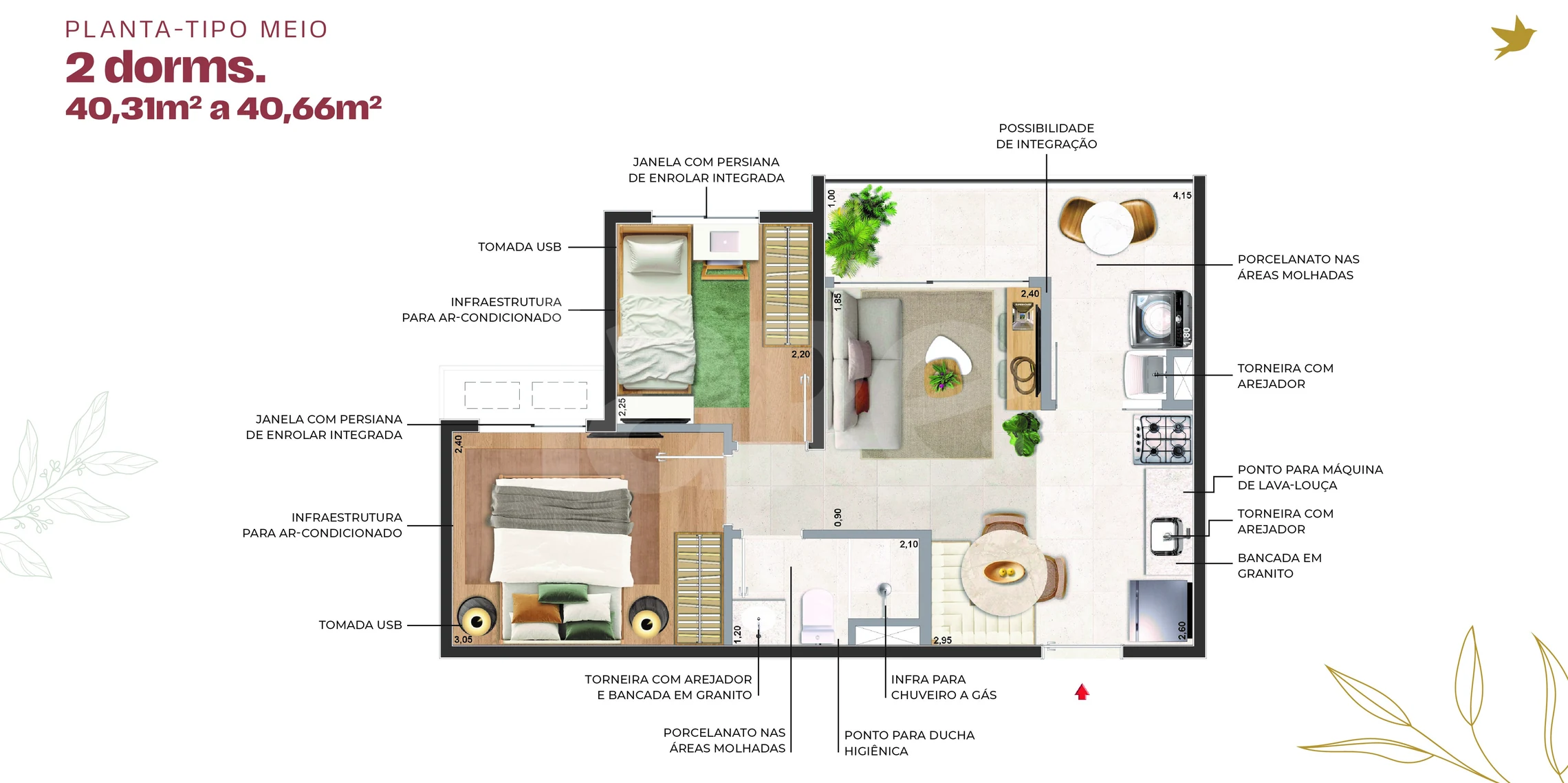 Planta — Planta Tipo Meio - 40,31m² a 40,66m²