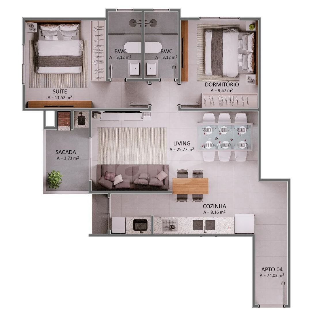 Planta — Apartamento 74,03 m²
