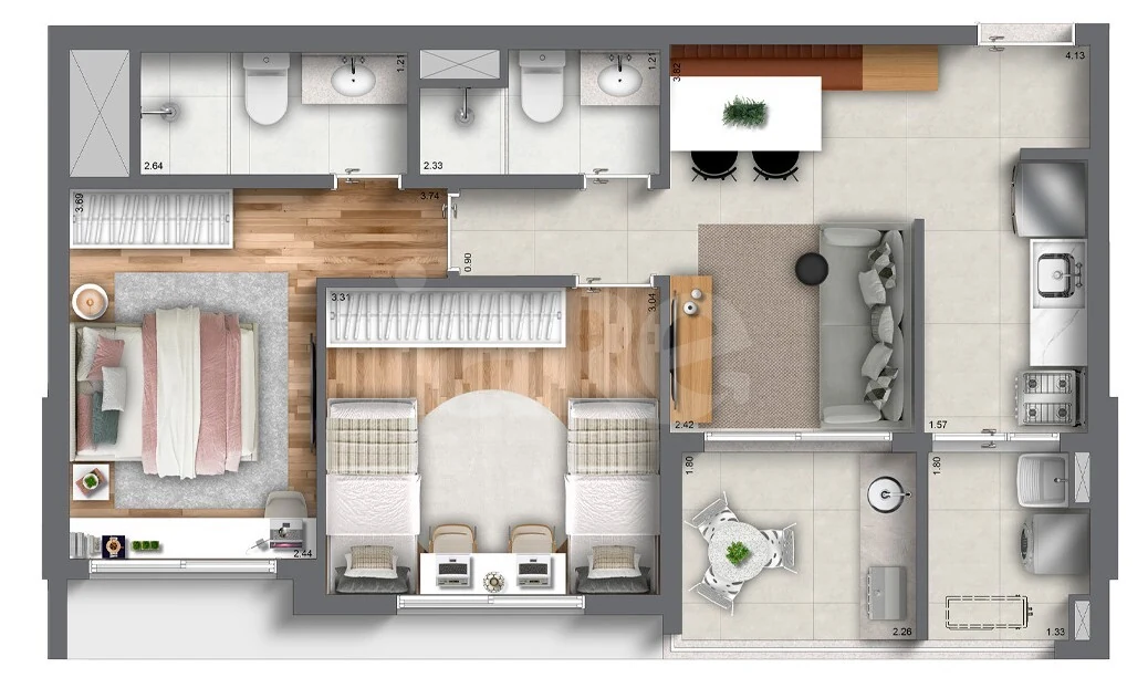 Planta — Planta 2 Dorms. – finais 2 e 5 – 66 m²(T_B)