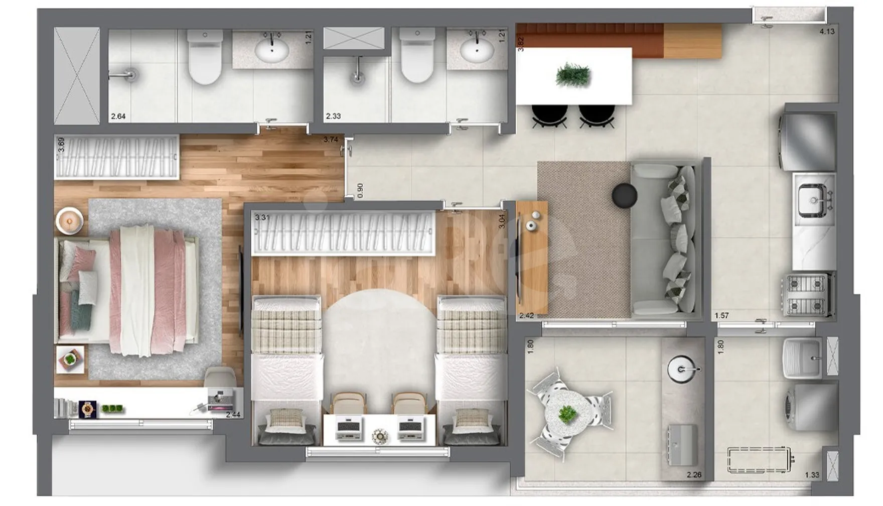 Planta — Planta 2 Dorms. – finais 2 e 5 – 66 m²(T_B)