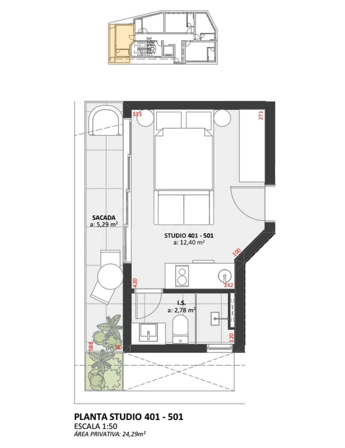 Planta — Studio 24,29 m²