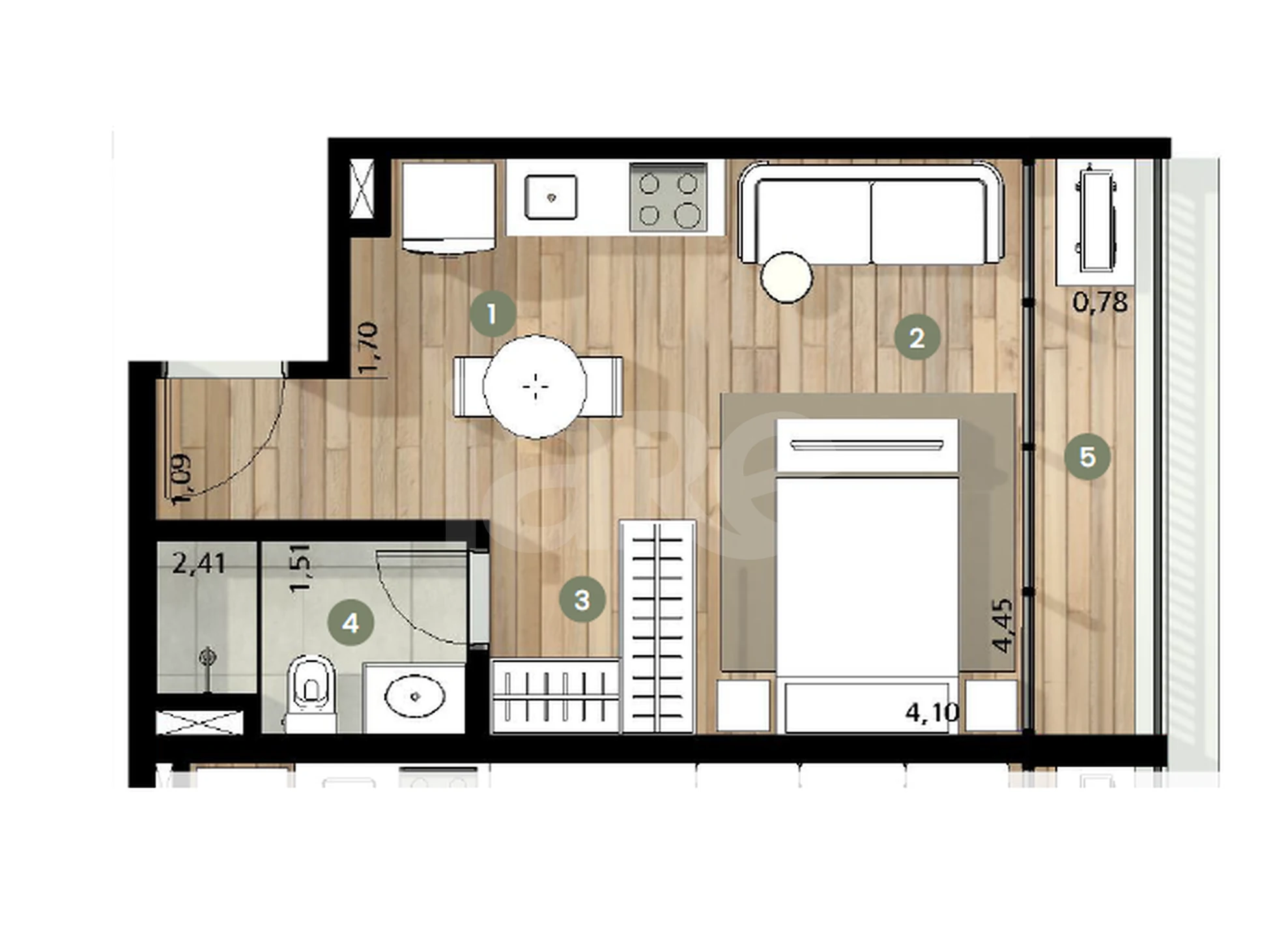 Planta — Studio 34,46 m²