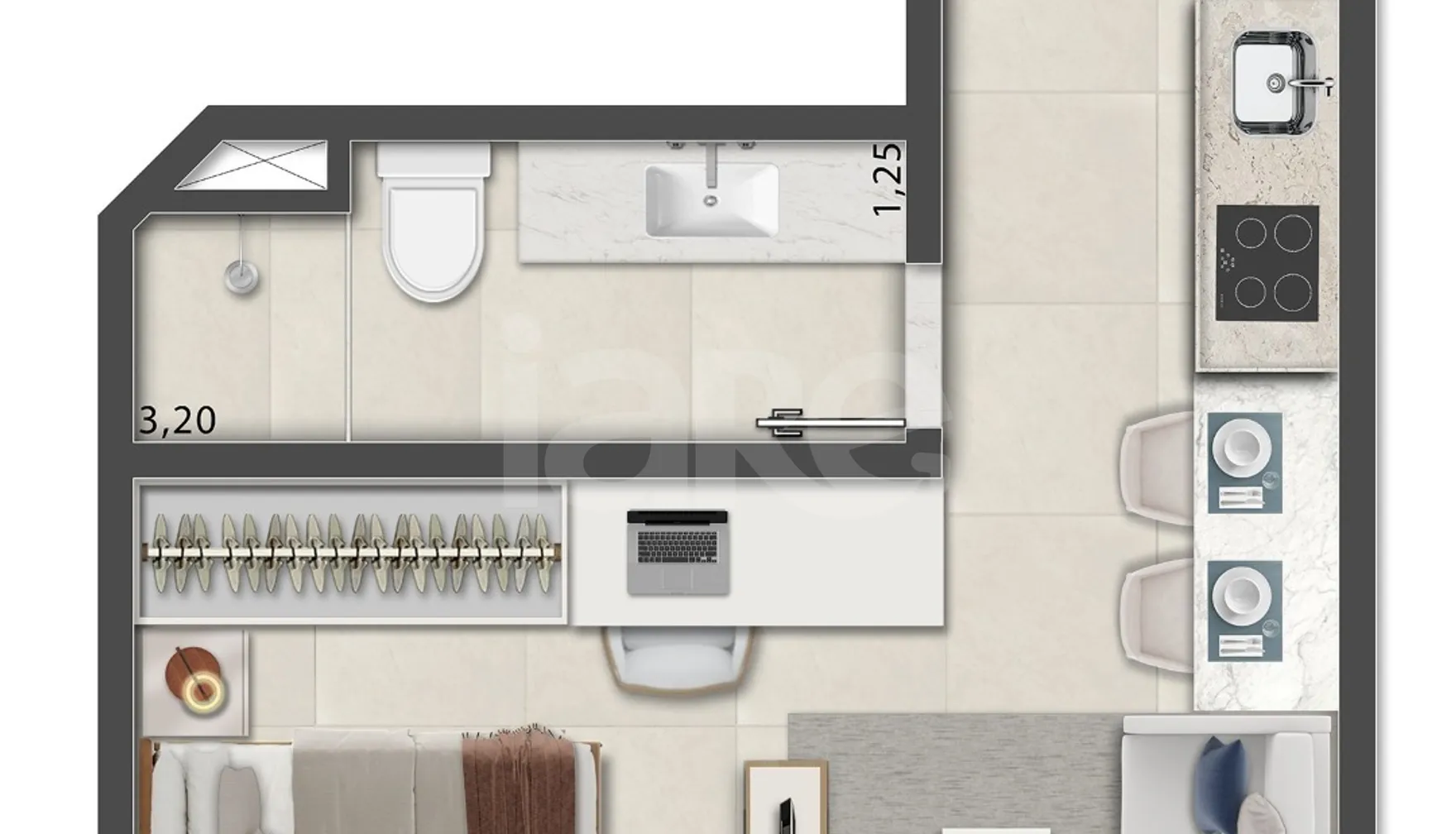 Planta — Studio 32,87 m²