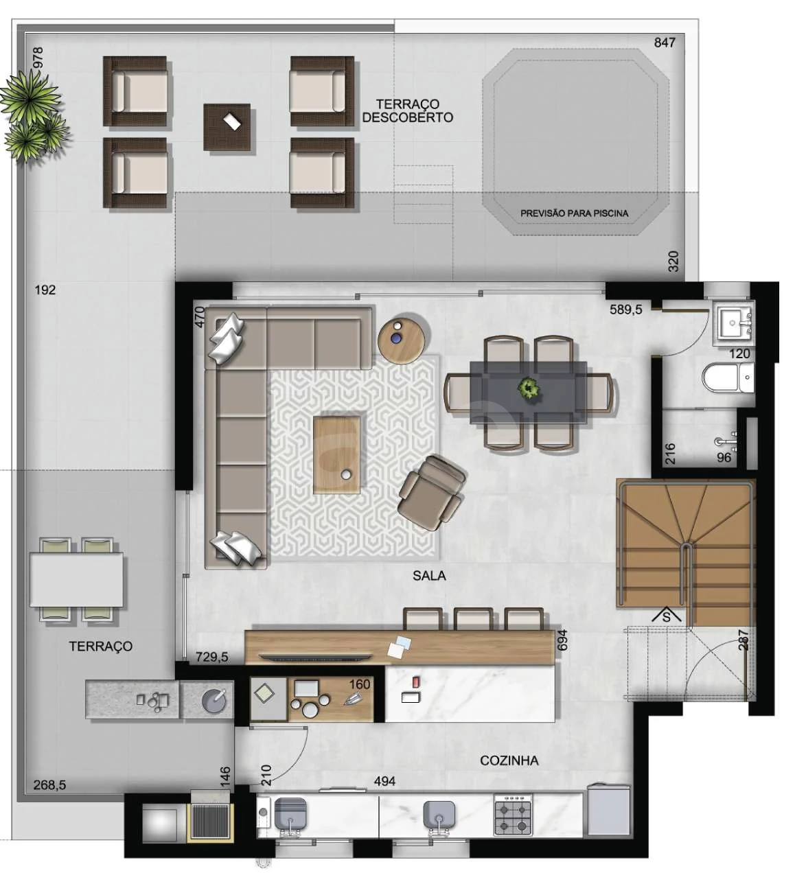 Planta — Cobertura Duplex 171,59 m² · 1º pavimento