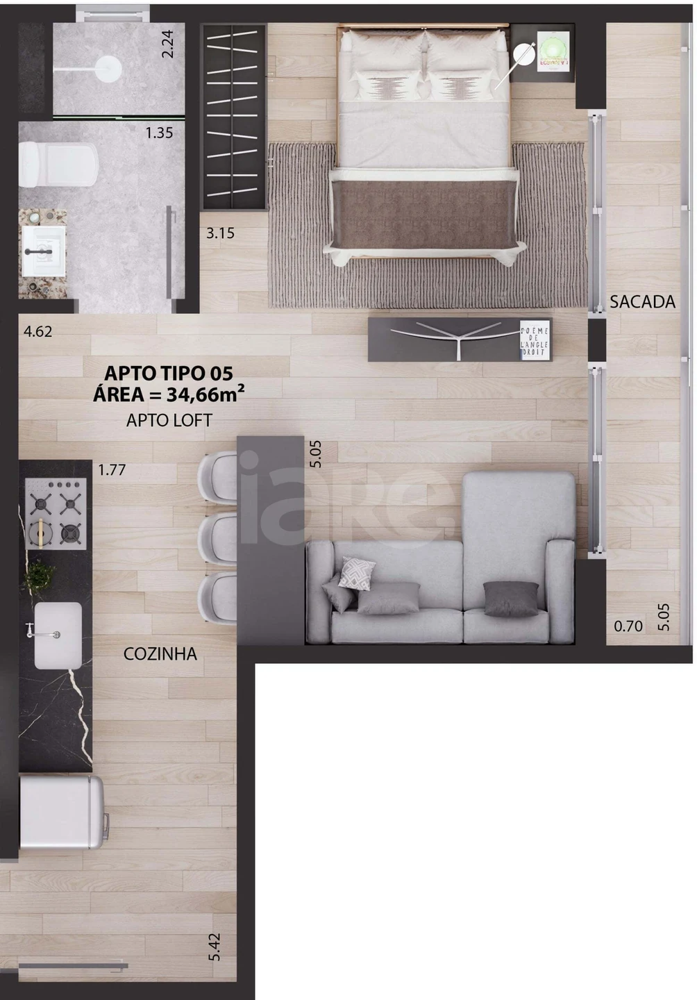 Planta — Studio 34,66 m²