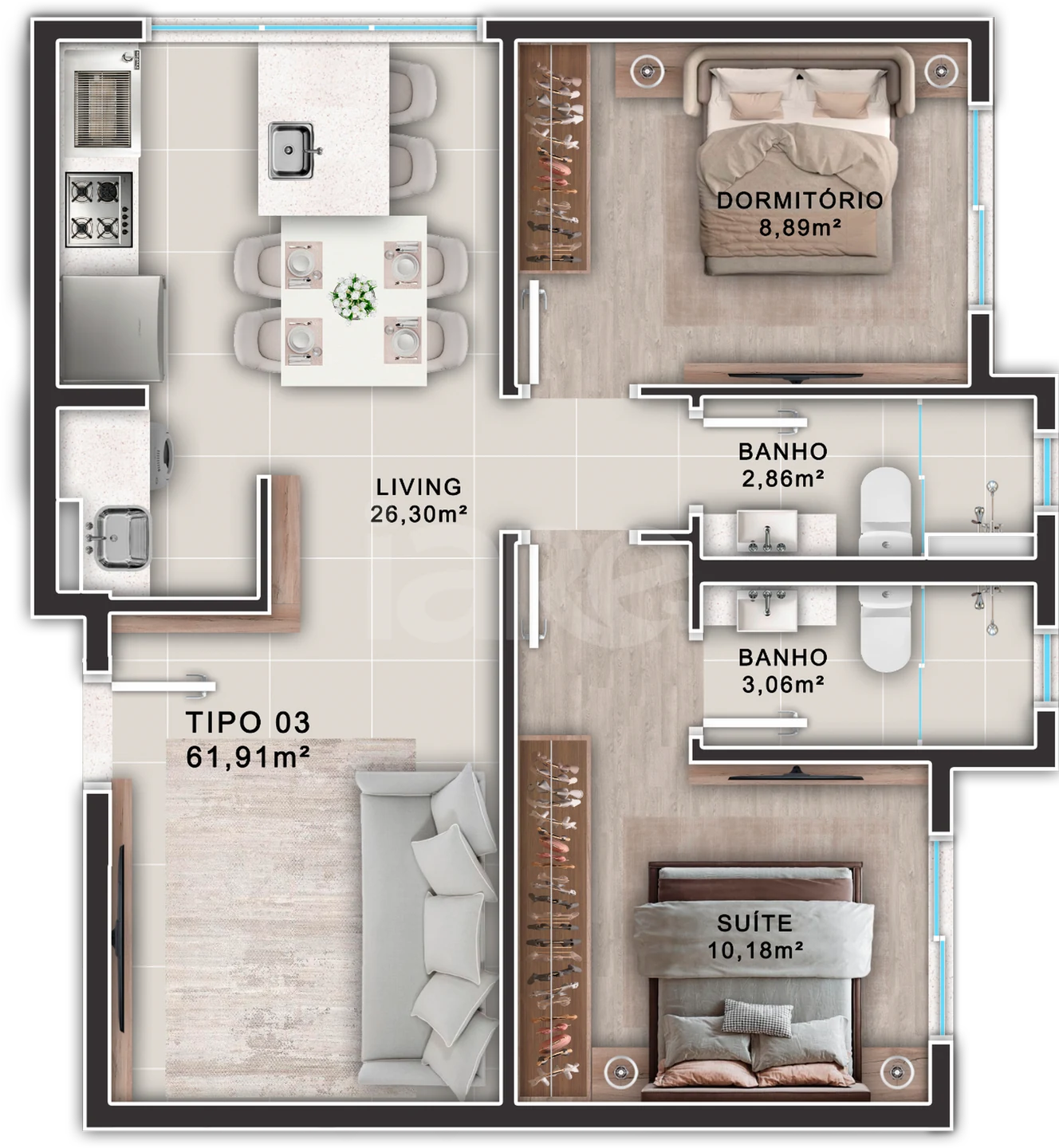 Planta — Apartamento 61,91 m²