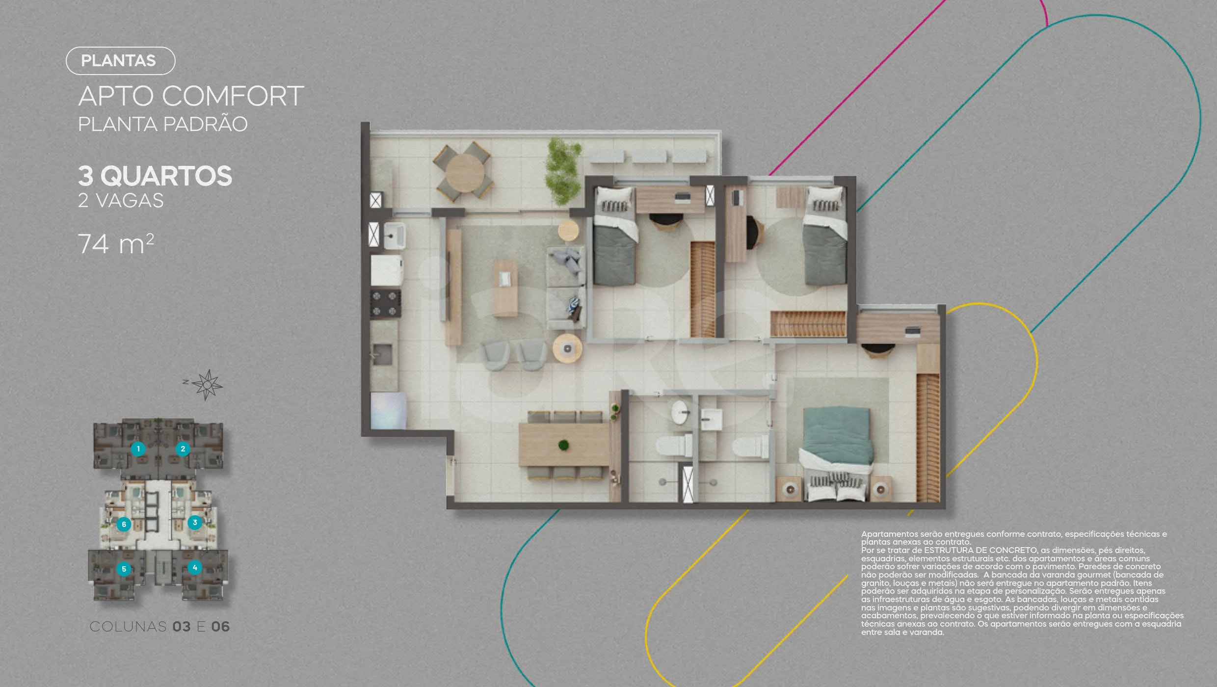 Planta — Apto Comfort 74,78 m² (Cols. 3 e 6)