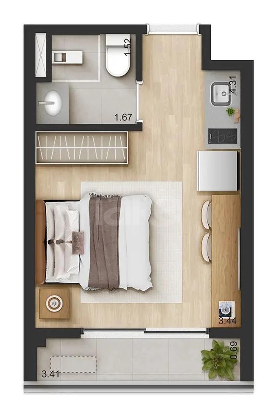 Planta — Studio 22,23 m²