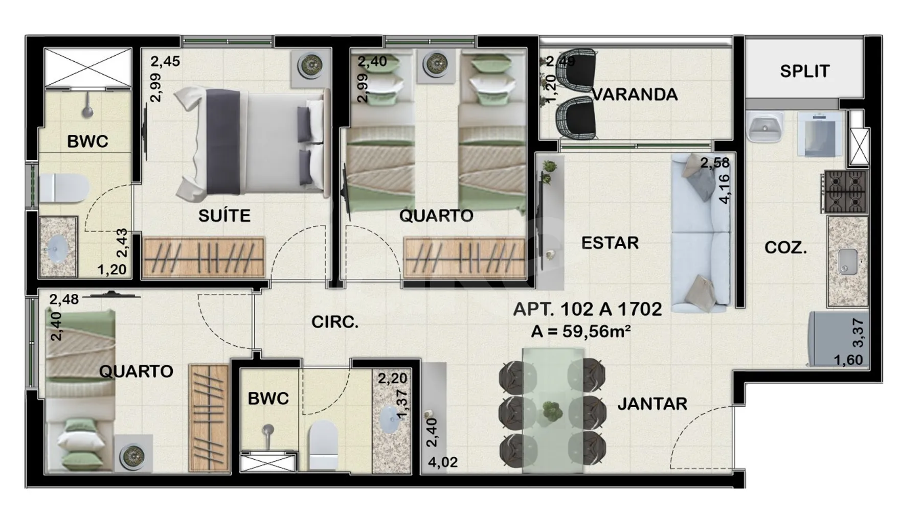Planta — Apartamento 59,56 m²