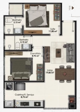 Planta — Apartamento 61,6 m²