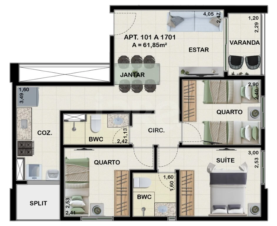 Planta — Apartamento 61,85 m²