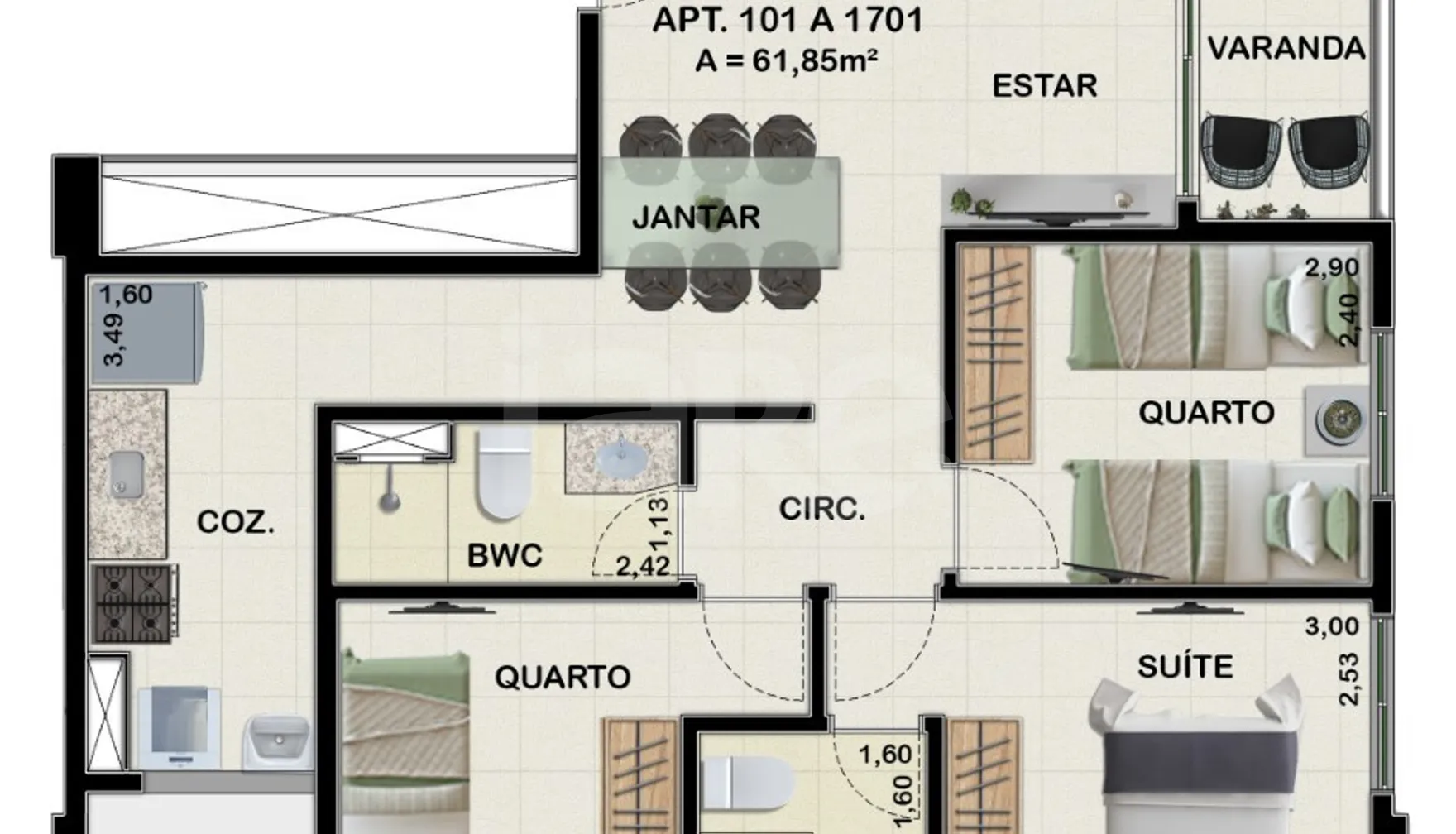Planta — Apartamento 61,85 m²