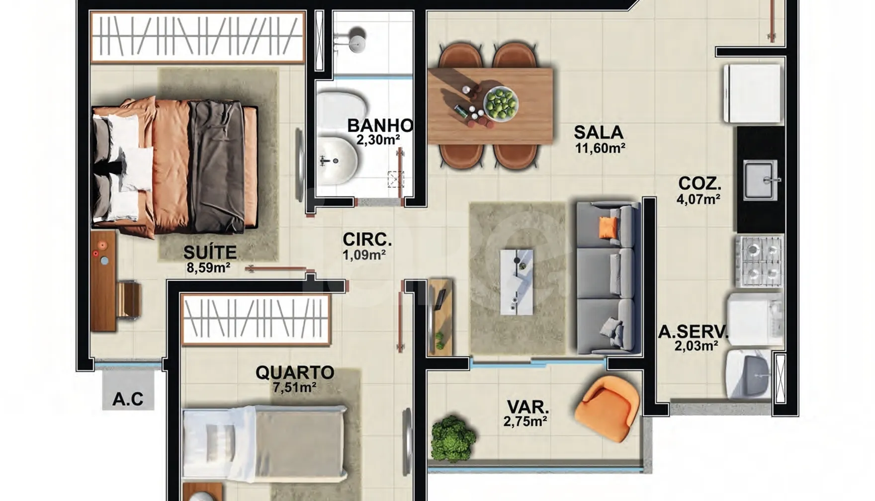 Planta — Apartamento 45,99 m²