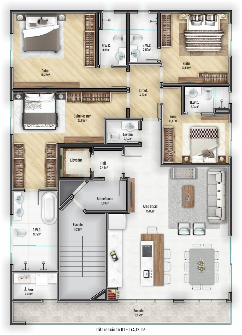Planta — Apartamento 174,12 m² · 1º pavimento