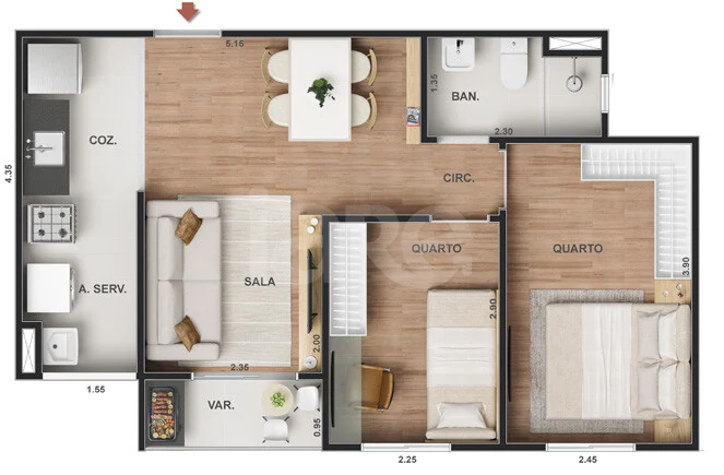 Planta — Apartamento 43,18 m²