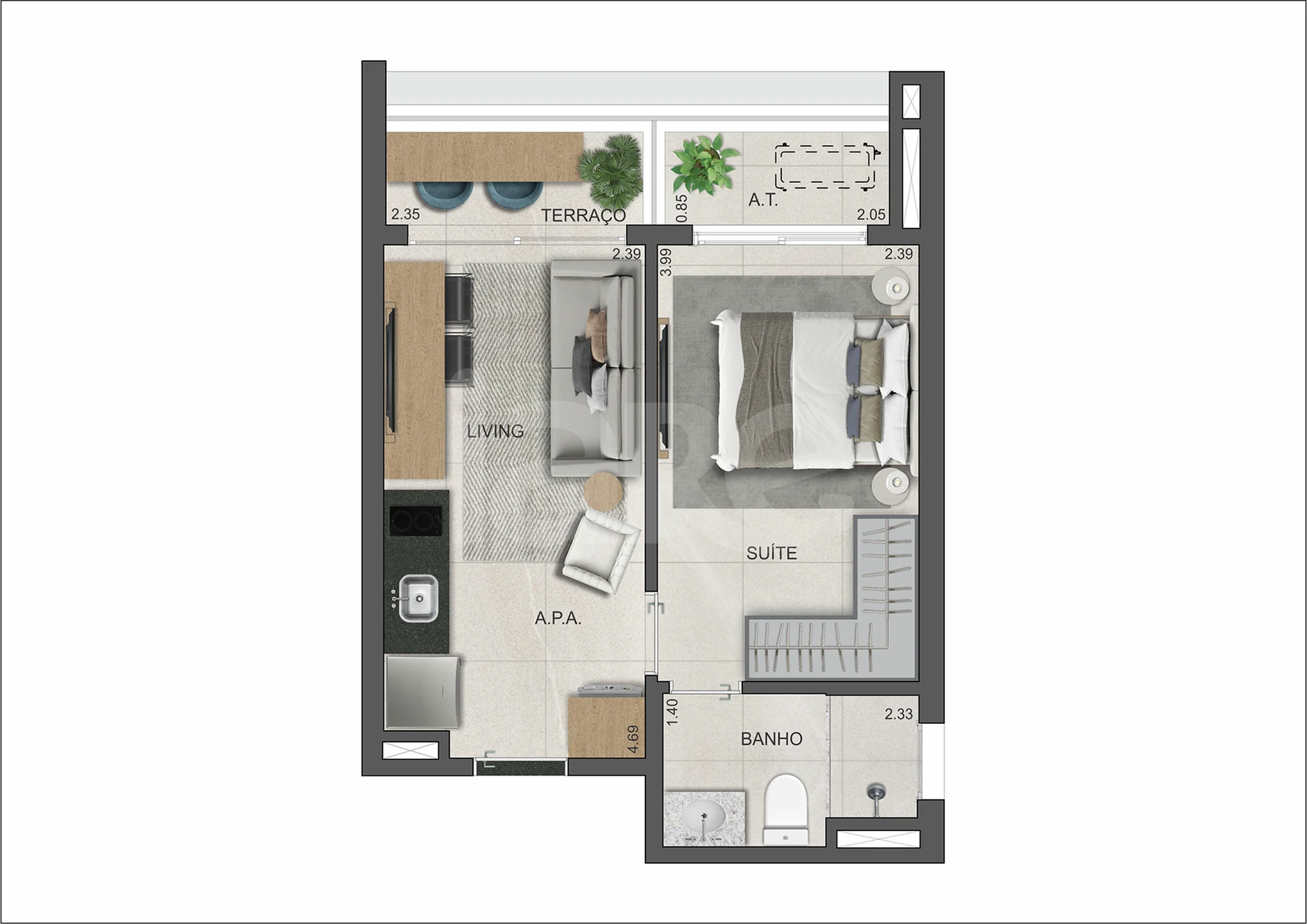 Planta — Studio 34,01 m²
