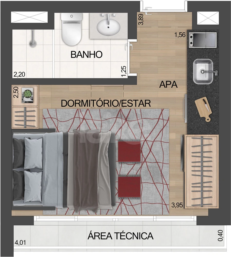 Planta — Studio 28,7 m²