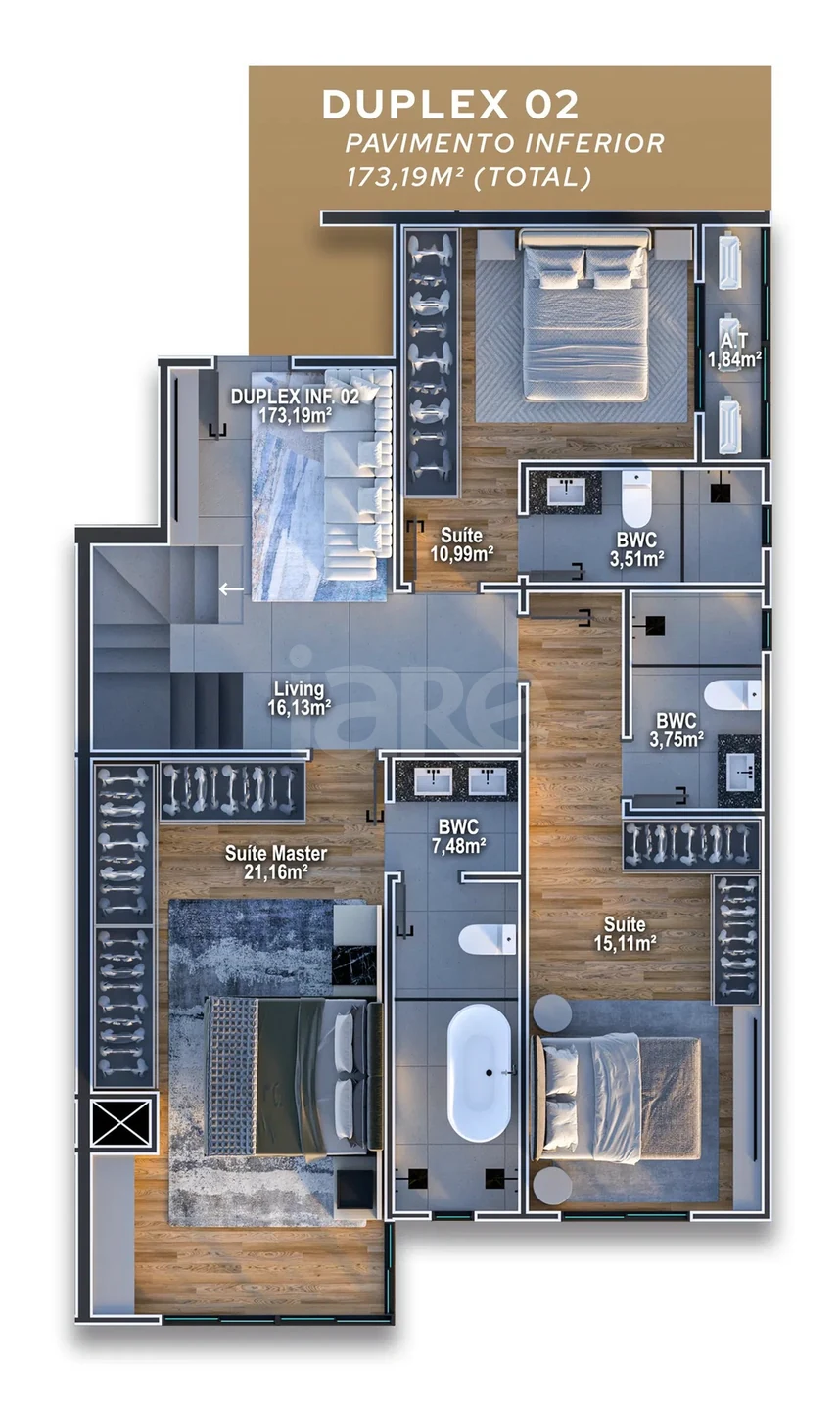 Planta — Cobertura Duplex 173,19 m² · 1º pavimento