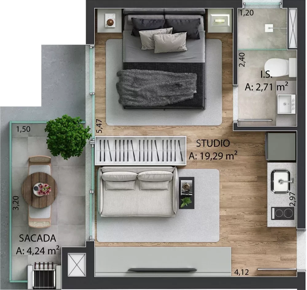 Planta — Studio 22,2 m²