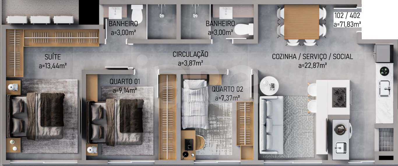 Planta — Apartamento 71,58 m²