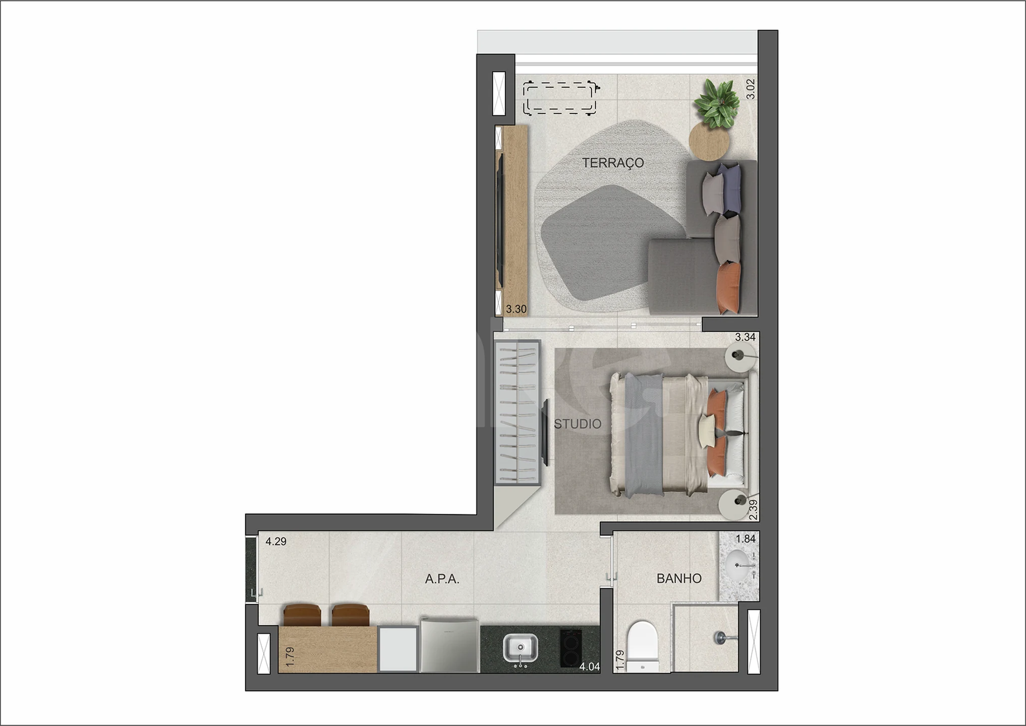 Planta — Studio 34,01 m²