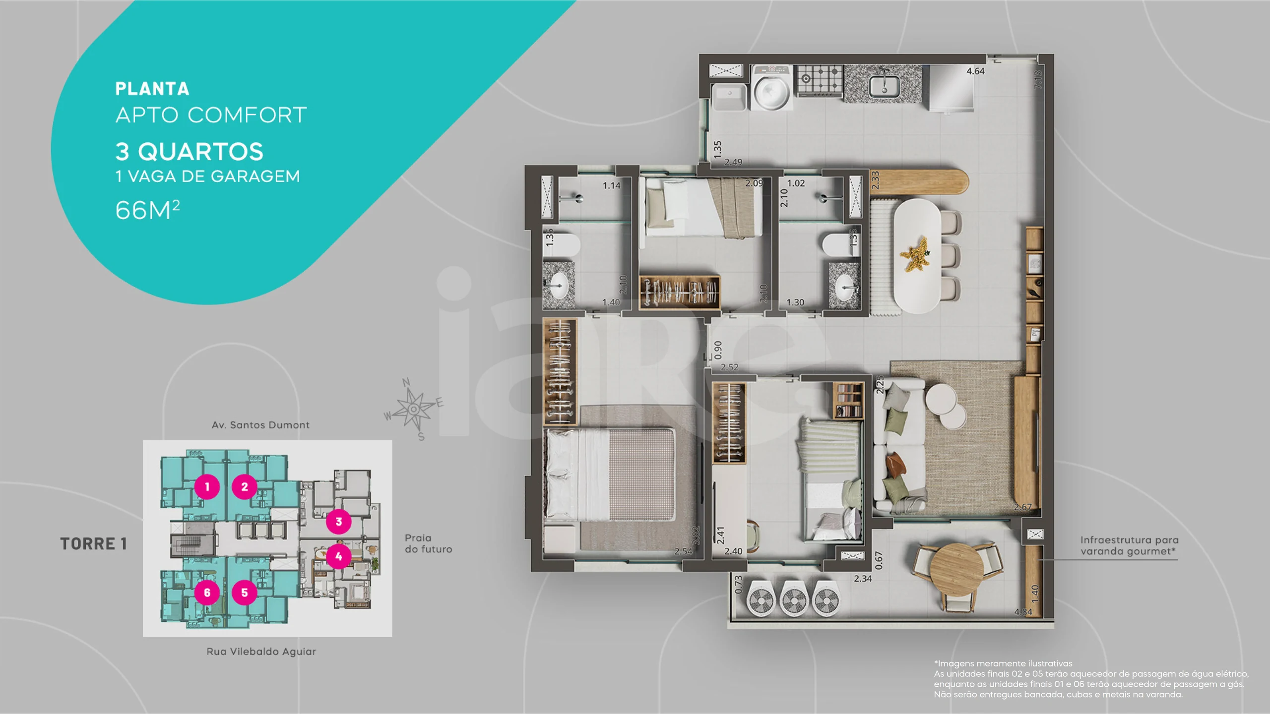 Planta — Apartamento Confort 66 m² (Cols. 1, 2, 5 e 6)