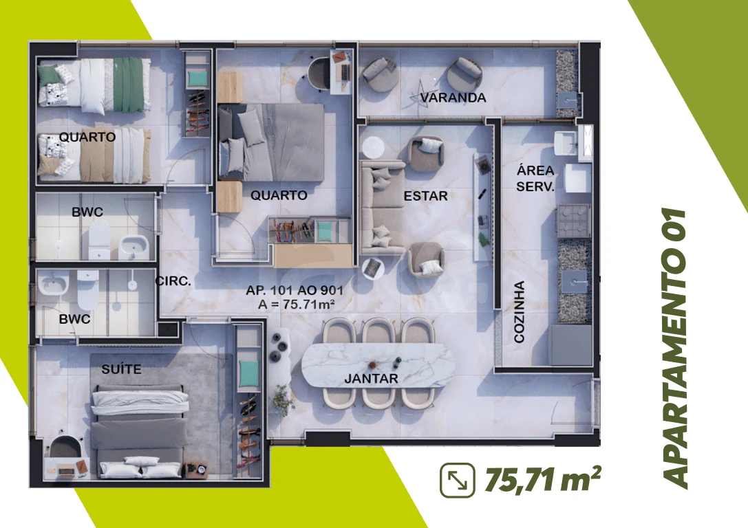 Planta — Apartamento 75,7 m²