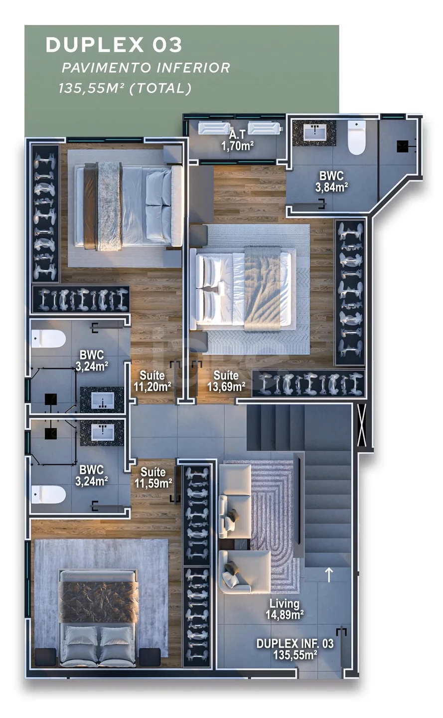 Planta — Cobertura Duplex 135,55 m² · 1º pavimento
