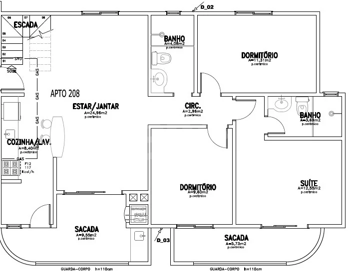 Planta — Cobertura Duplex 205,76 m² · 1º pavimento