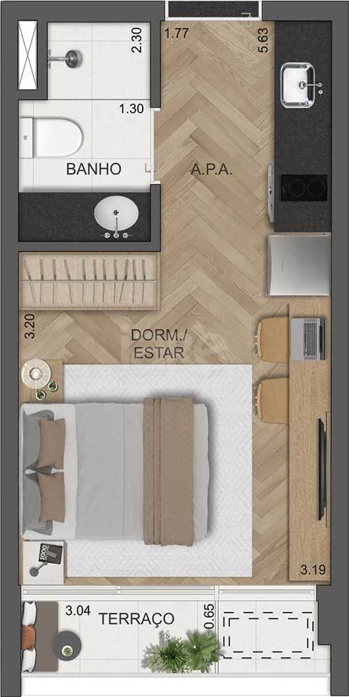 Planta — Studio 24,46 m²